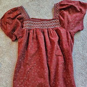 Madewell Square-Neck Smocked Top in Dotted Vines Size XS Rust Maroon Co